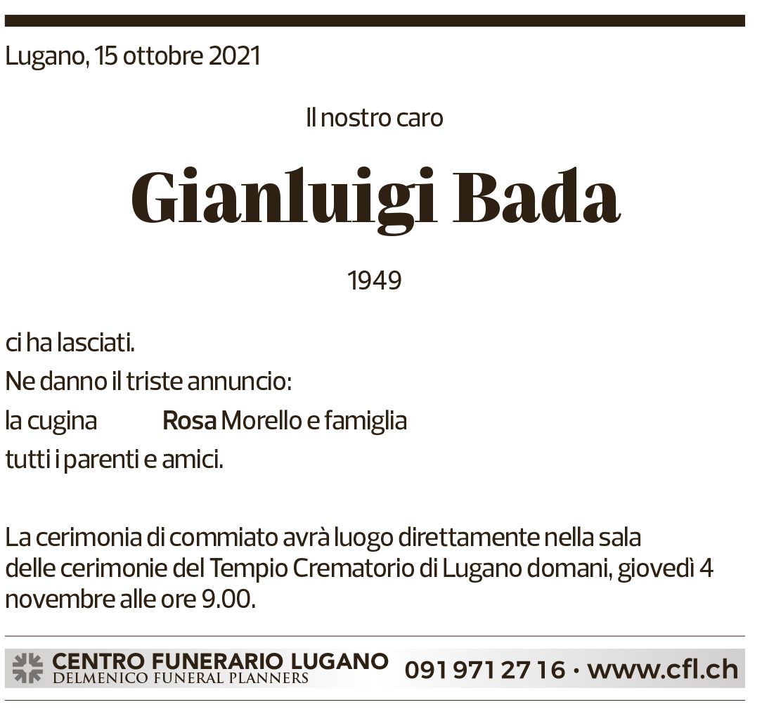 Annuncio funebre Gianluigi Bada