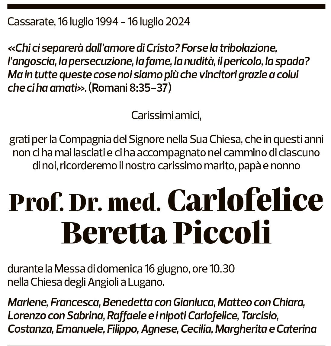 Annuncio funebre Carlofelice Beretta Piccoli