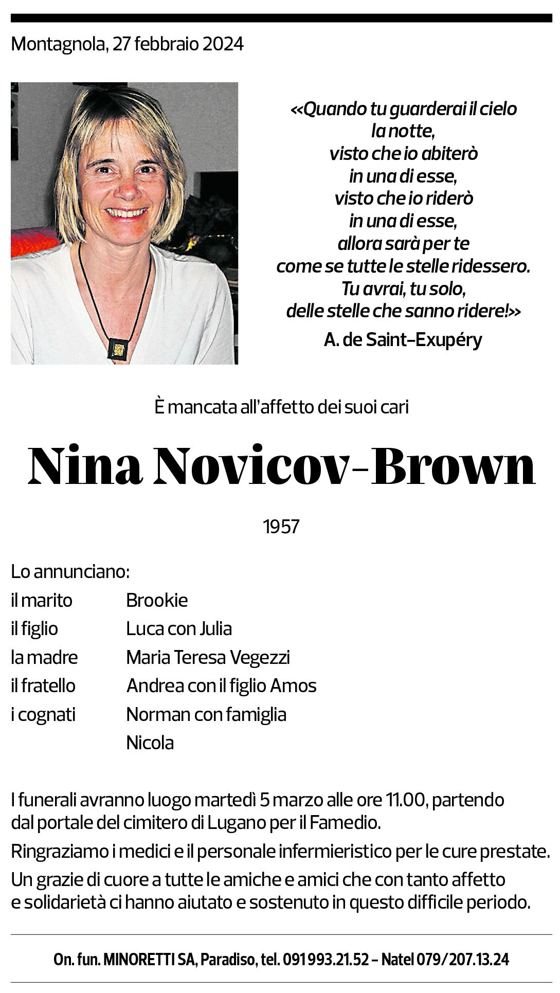 Annuncio funebre Nina Novicov-brown