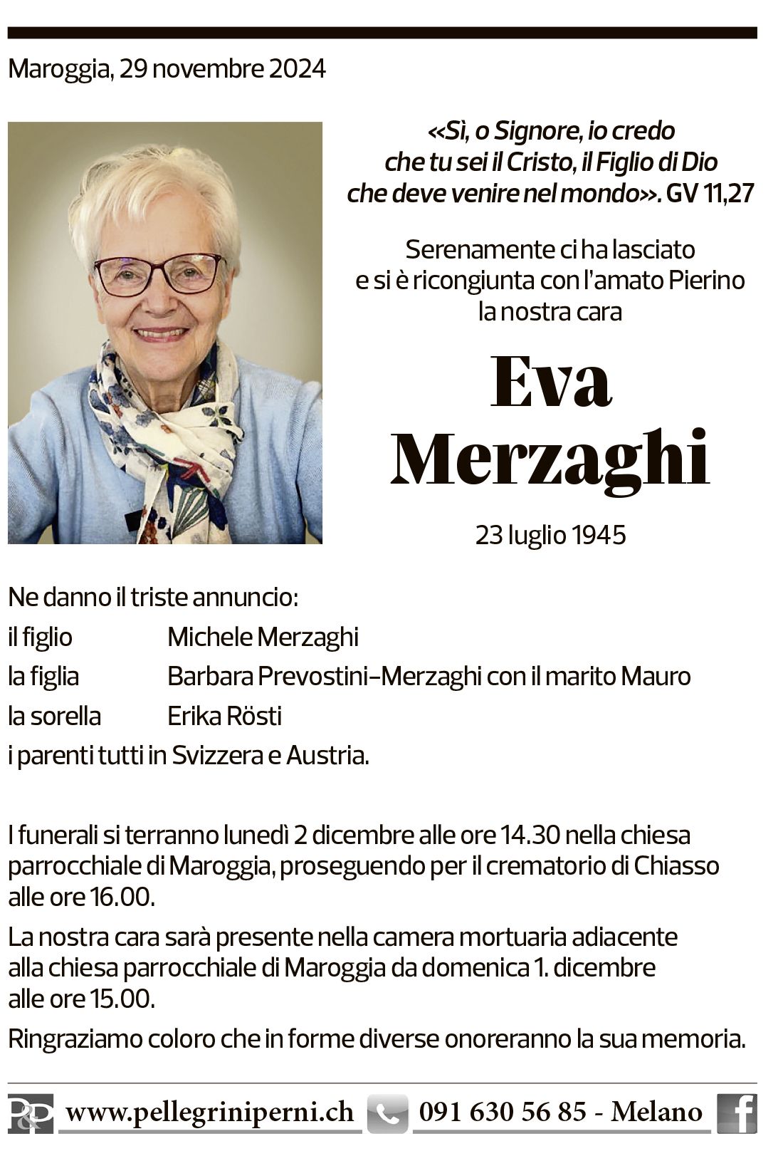 Annuncio funebre Eva Merzaghi