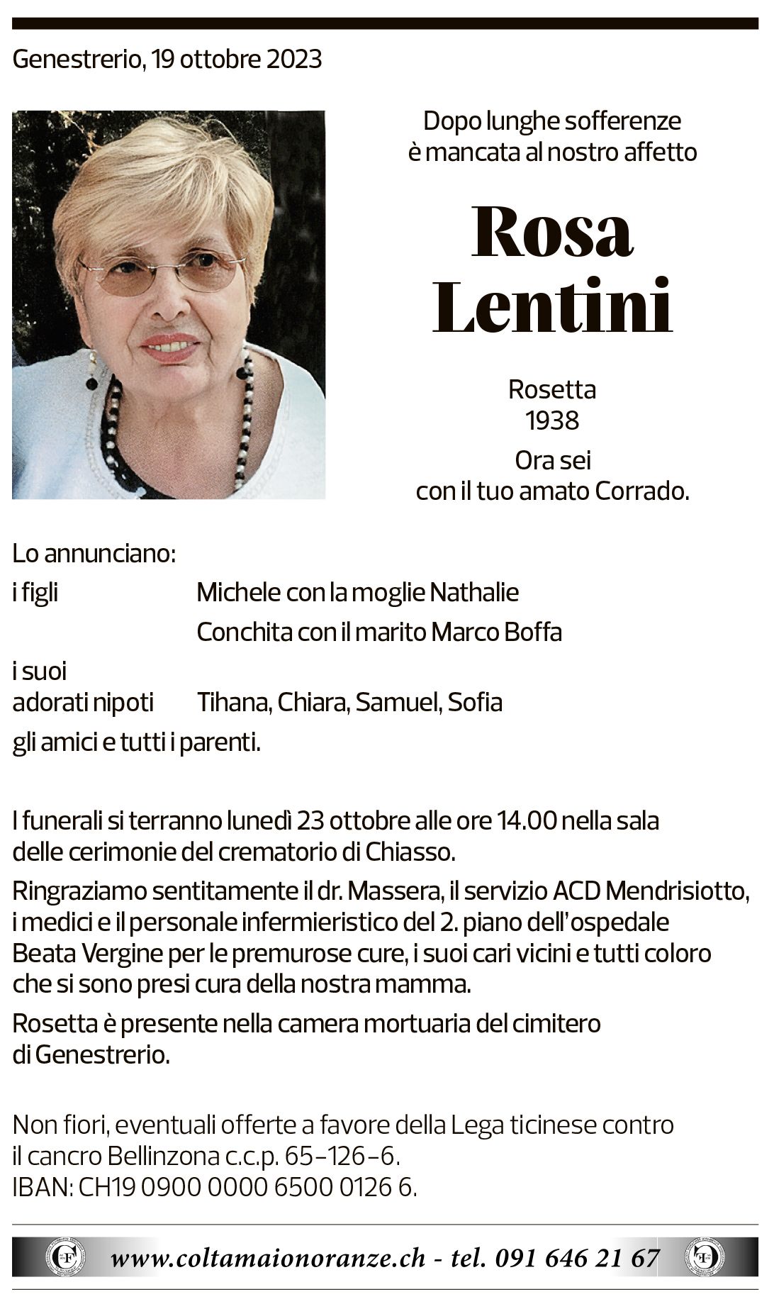 Annuncio funebre Rosa Lentini