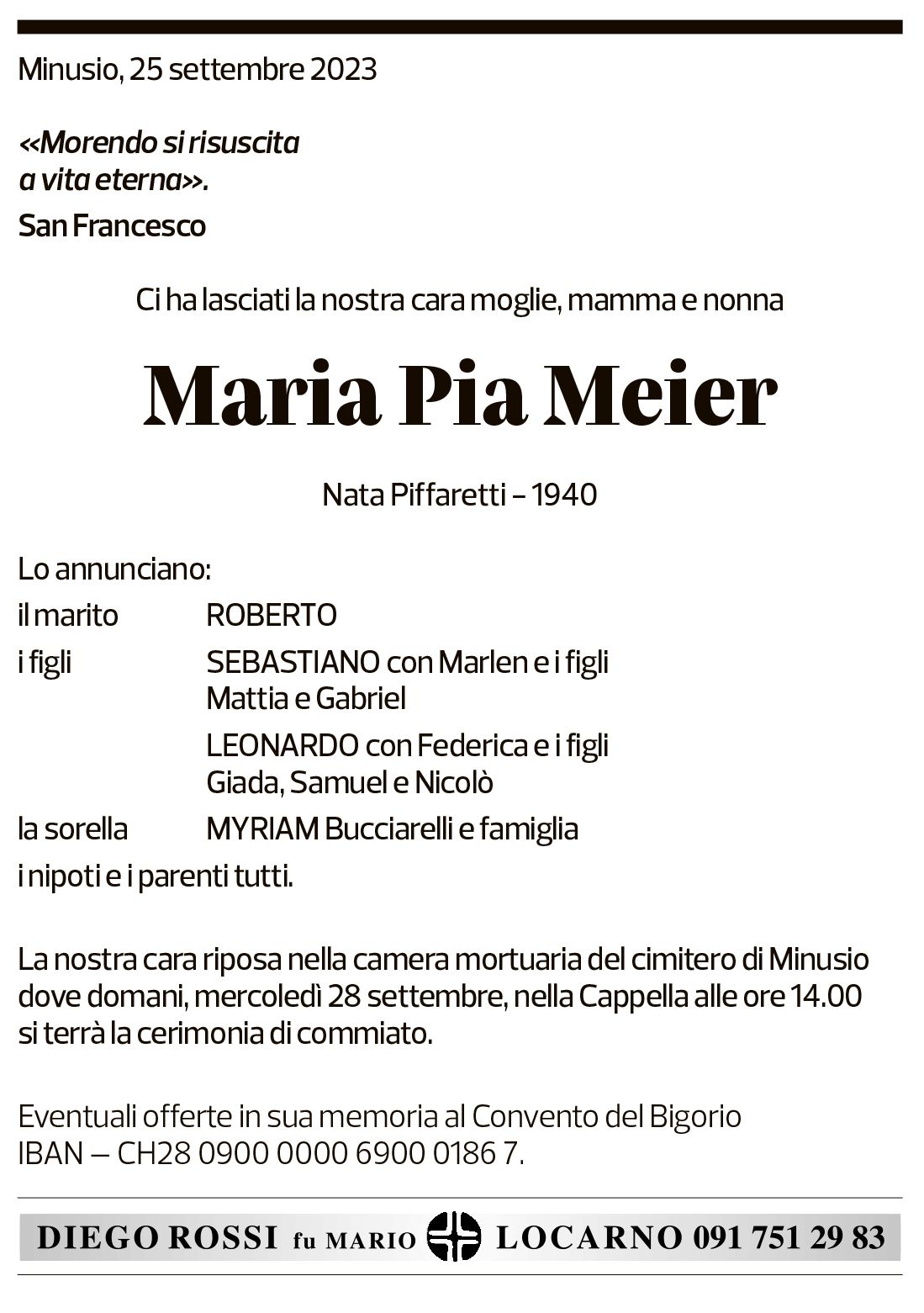 Annuncio funebre Maria Pia Meier