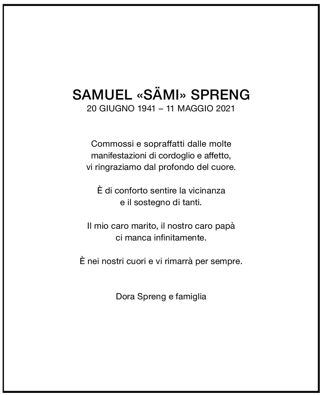 Annuncio funebre Samuel Spreng