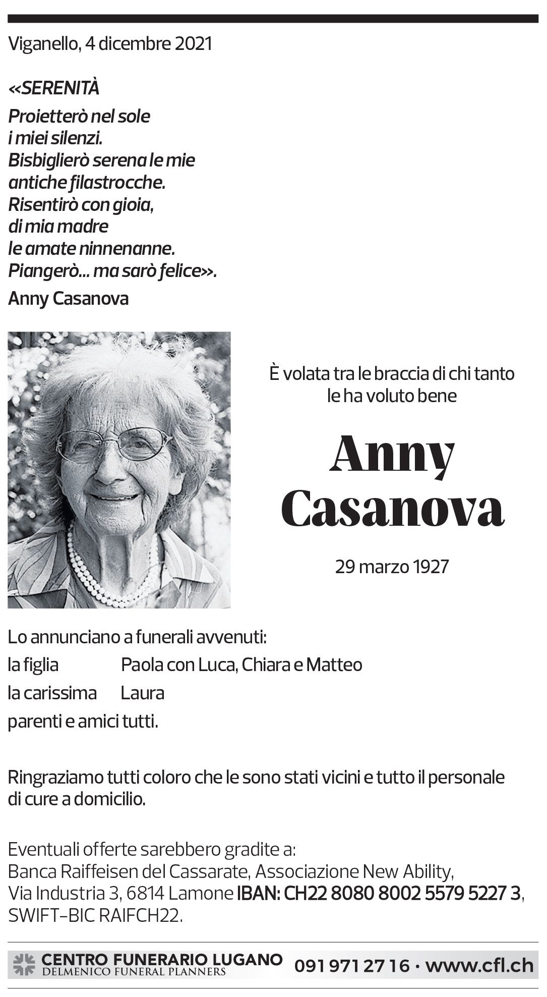 Annuncio funebre Anny Casanova