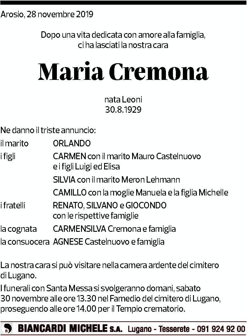 Annuncio funebre Maria Cremona