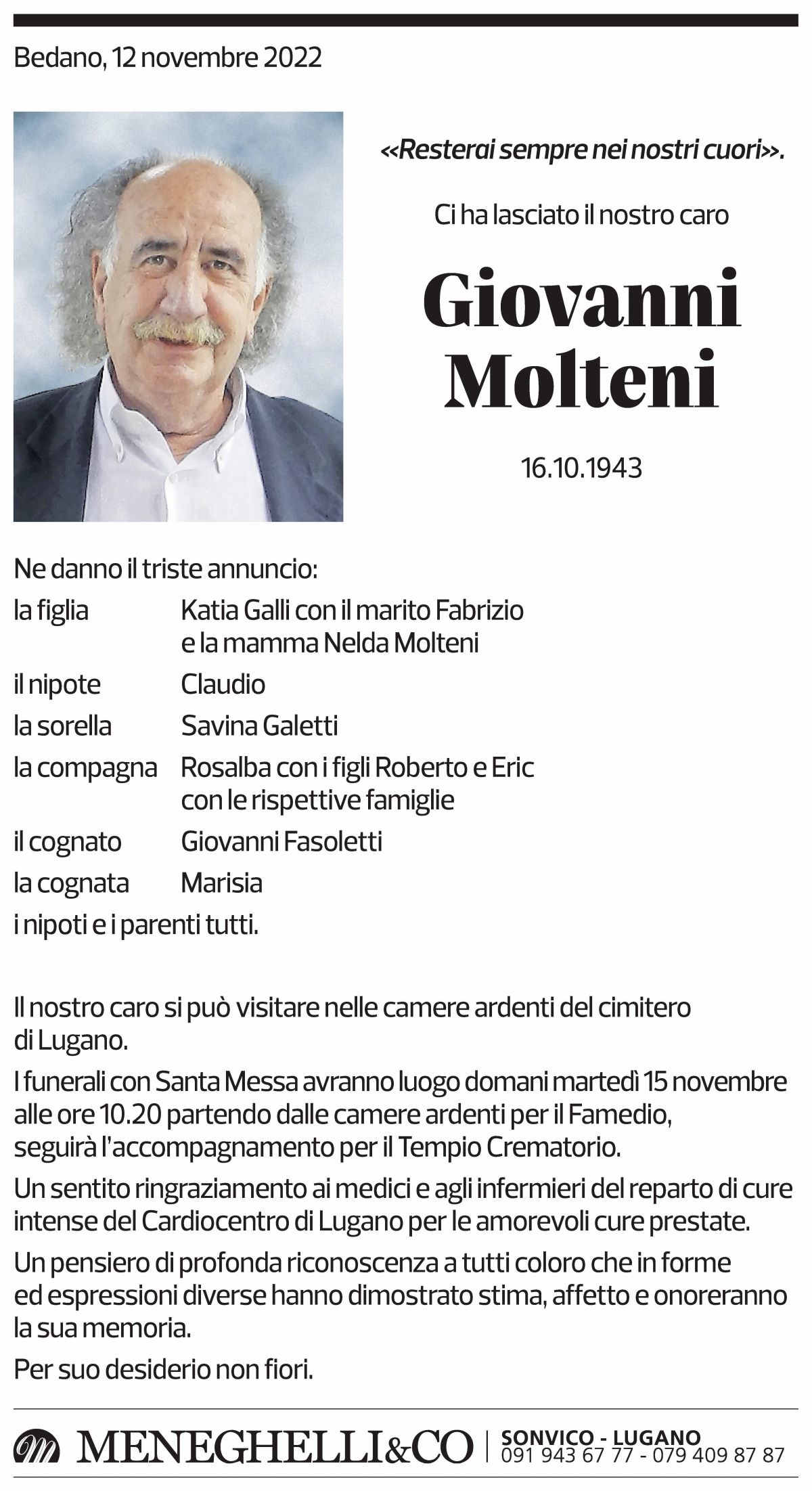 Annuncio funebre Giovanni Molteni