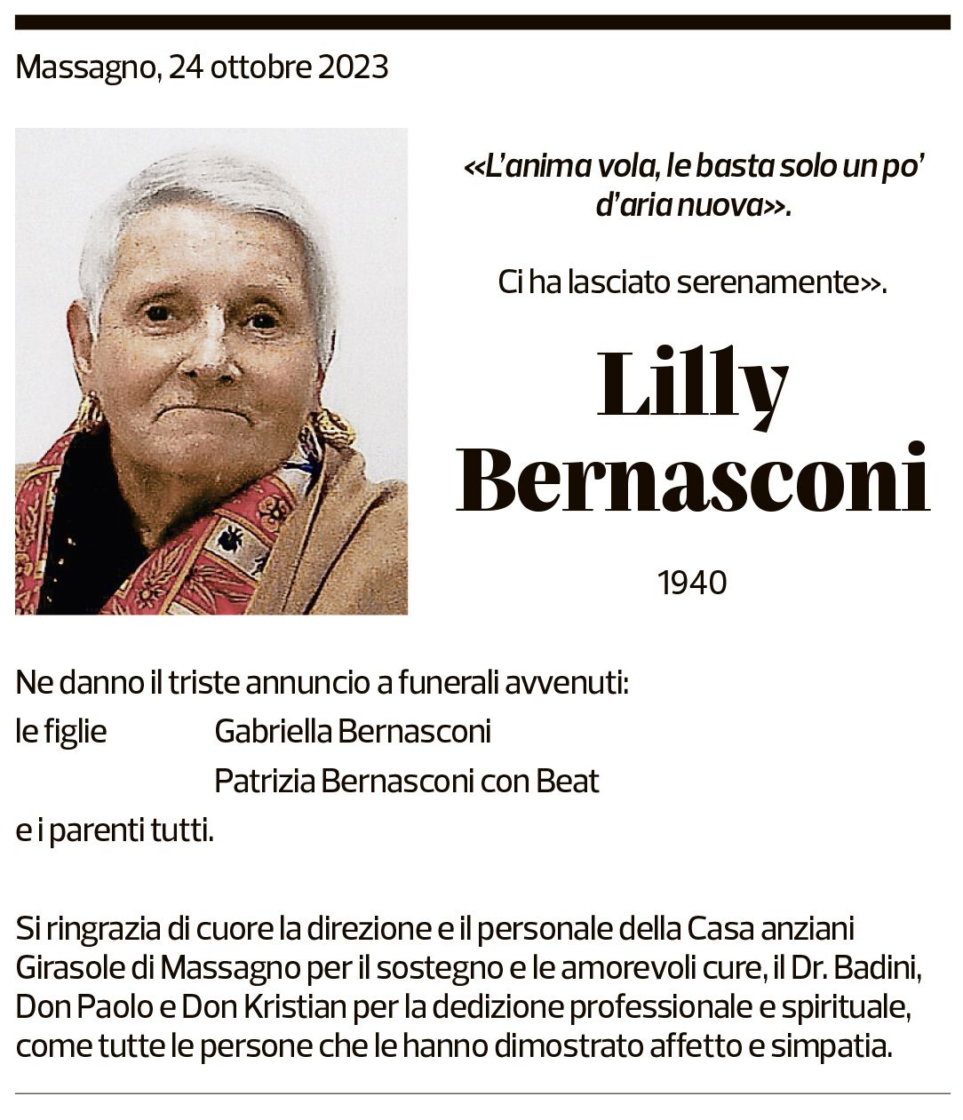 Annuncio funebre Lilly Bernasconi