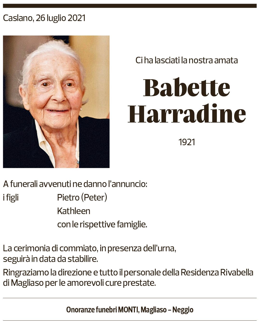 Annuncio funebre Babette Harradine