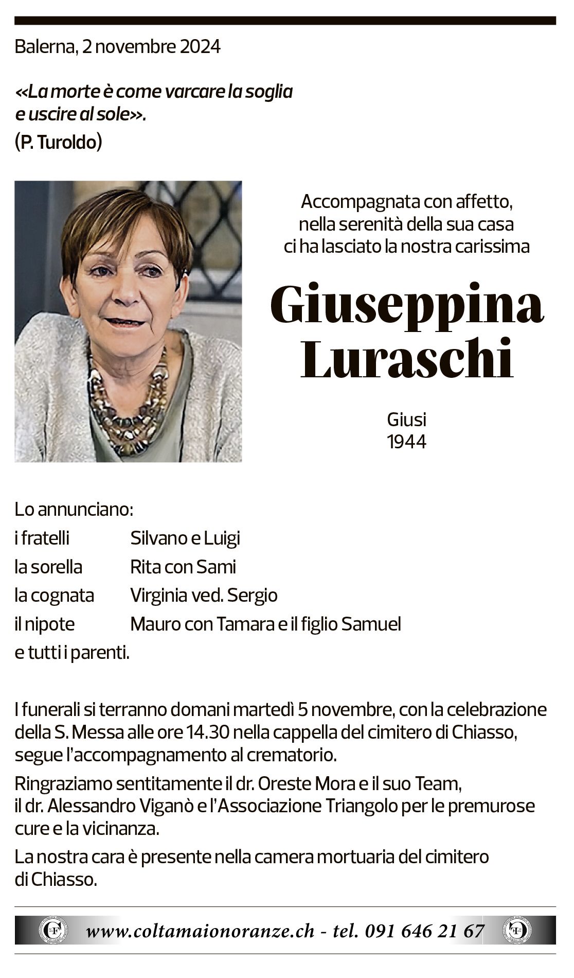 Annuncio funebre Giuseppina Luraschi