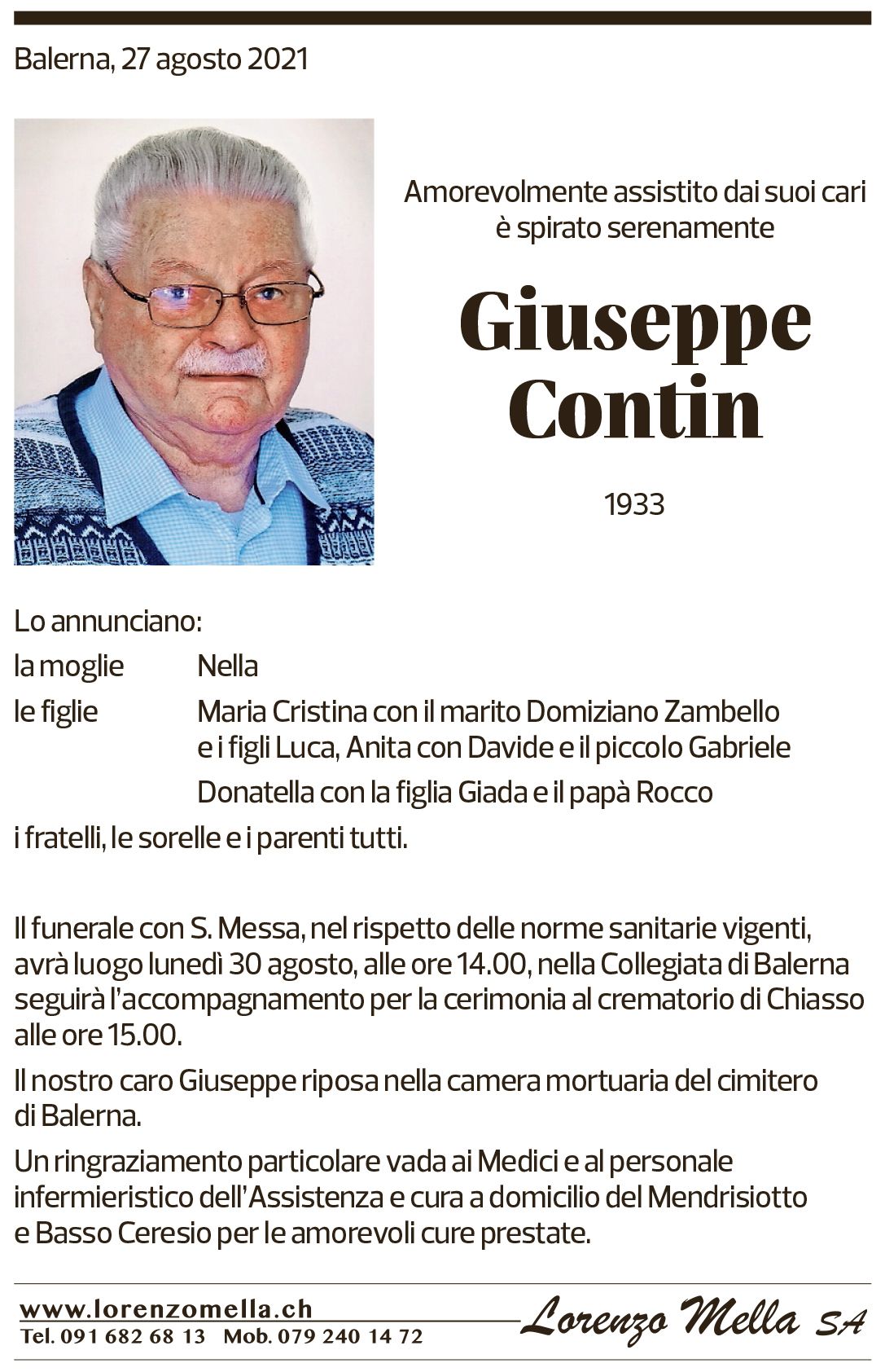 Annuncio funebre Giuseppe Contin