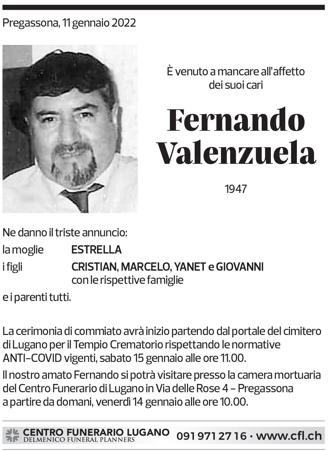 Annuncio funebre Fernando Valenzuela