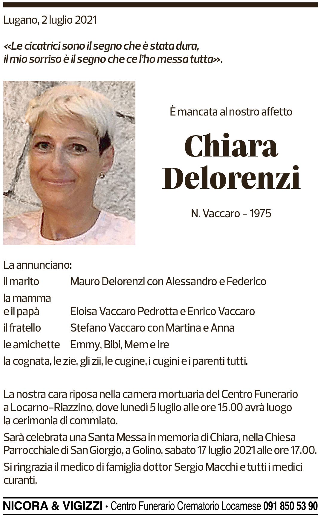 Annuncio funebre Chiara Delorenzi