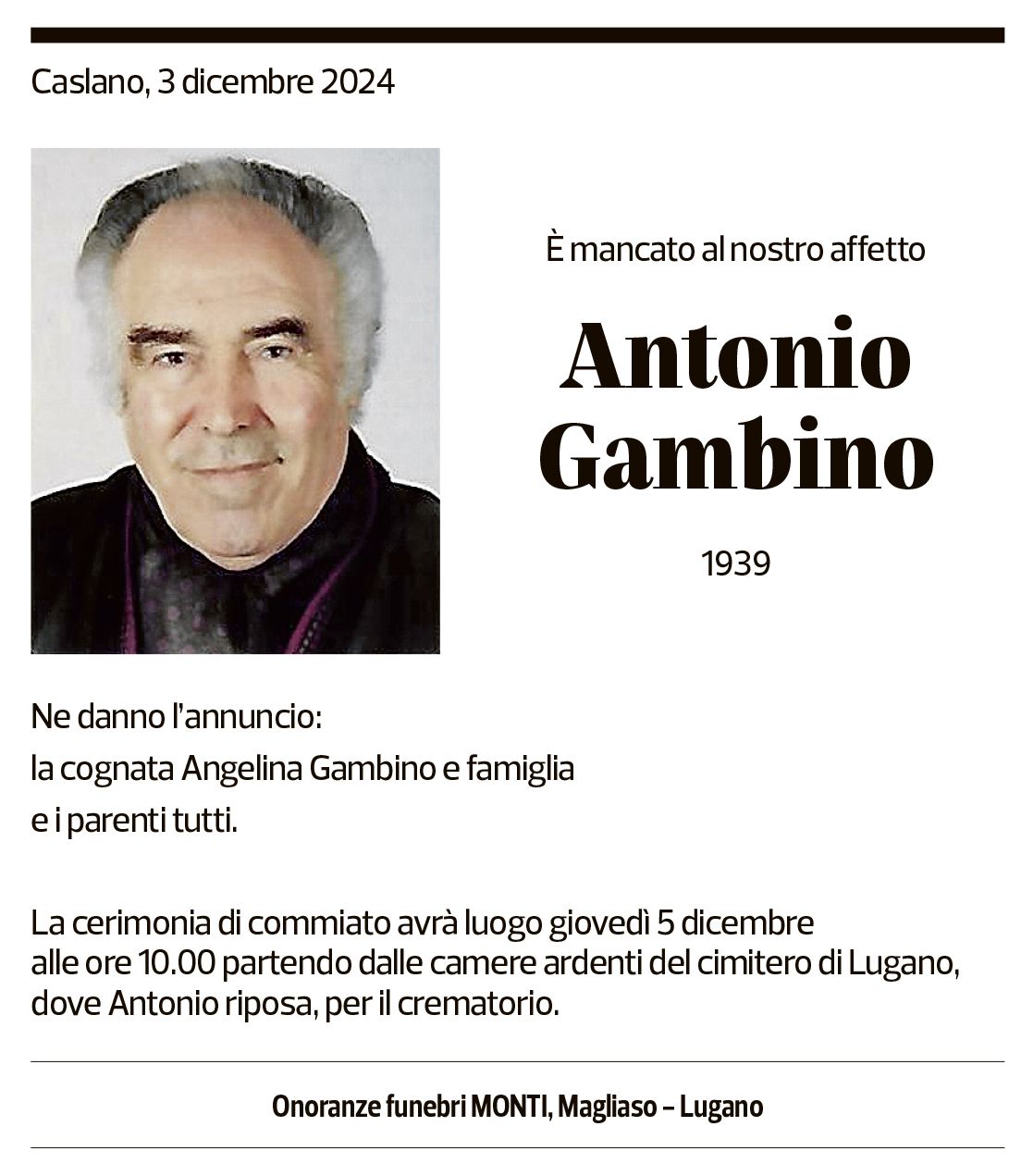 Annuncio funebre Antonio Gambino