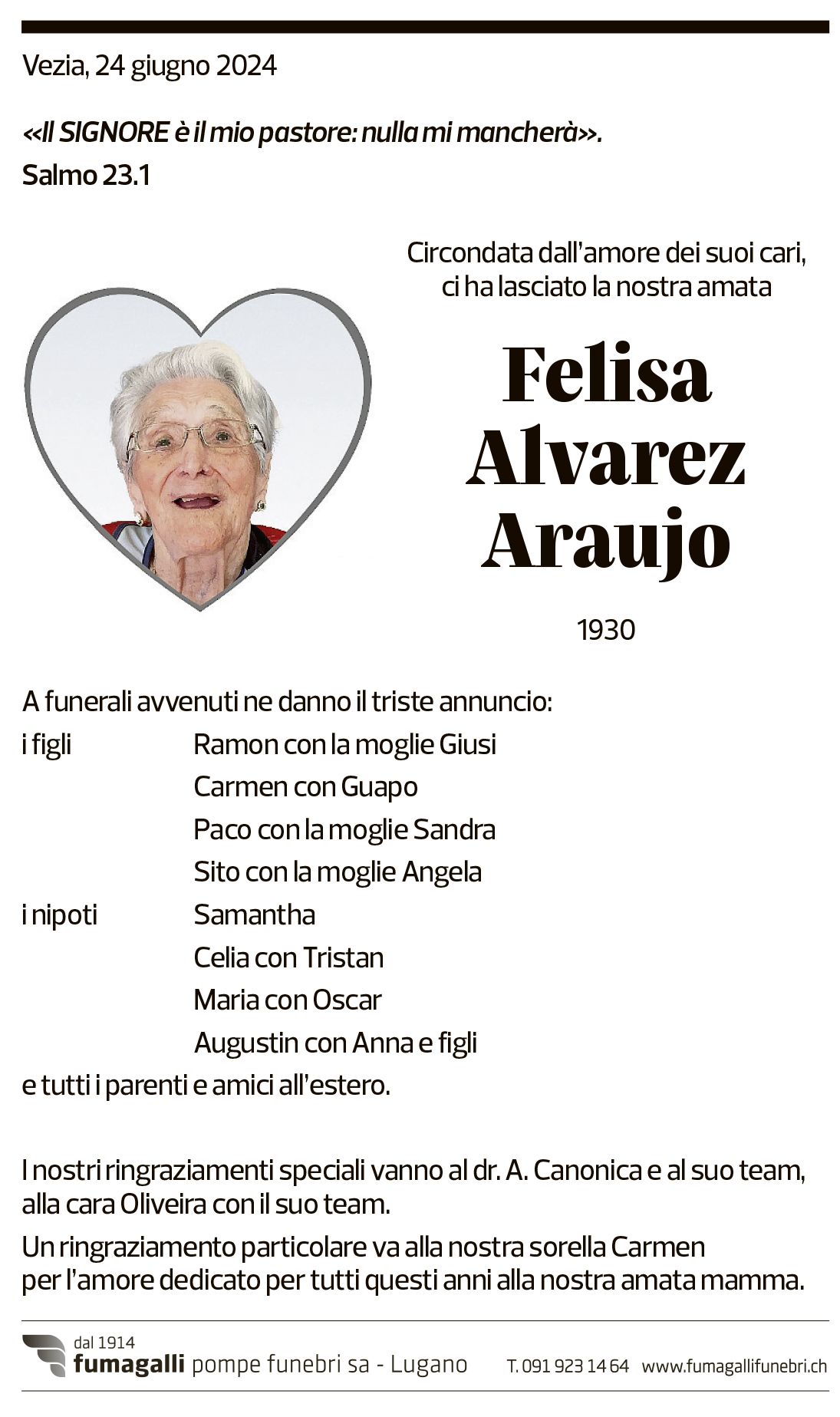 Annuncio funebre Felisa Alvarez Araujo