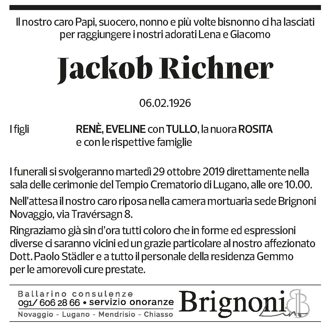 Annuncio funebre Jackob Richner