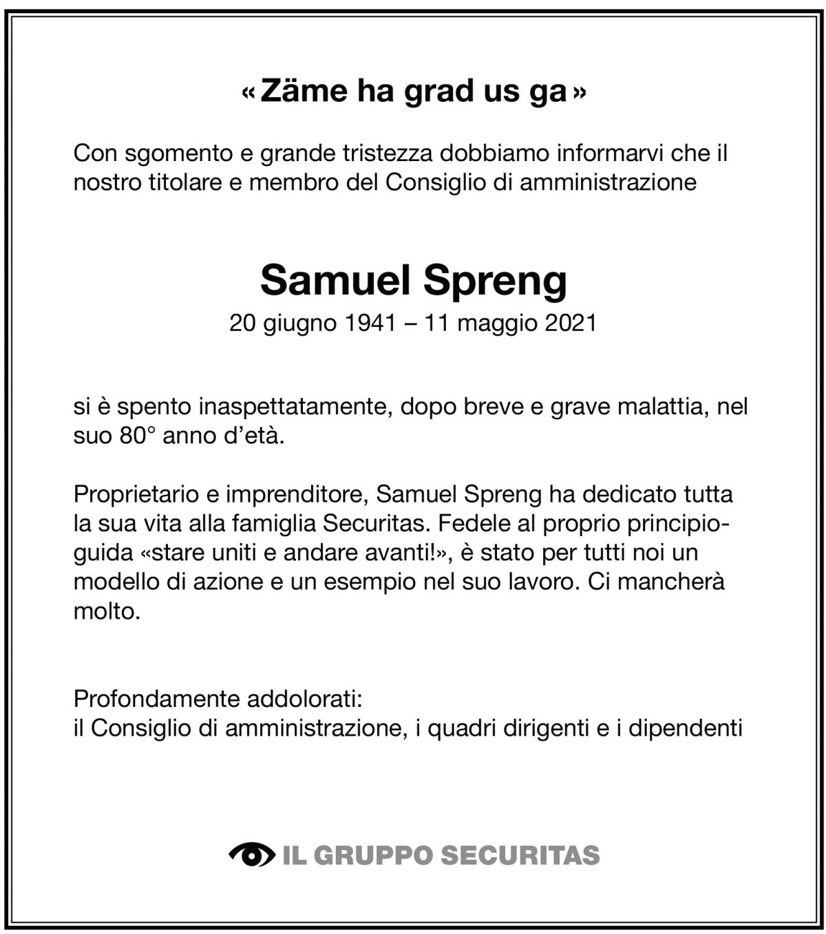 Annuncio funebre Samuel Spreng