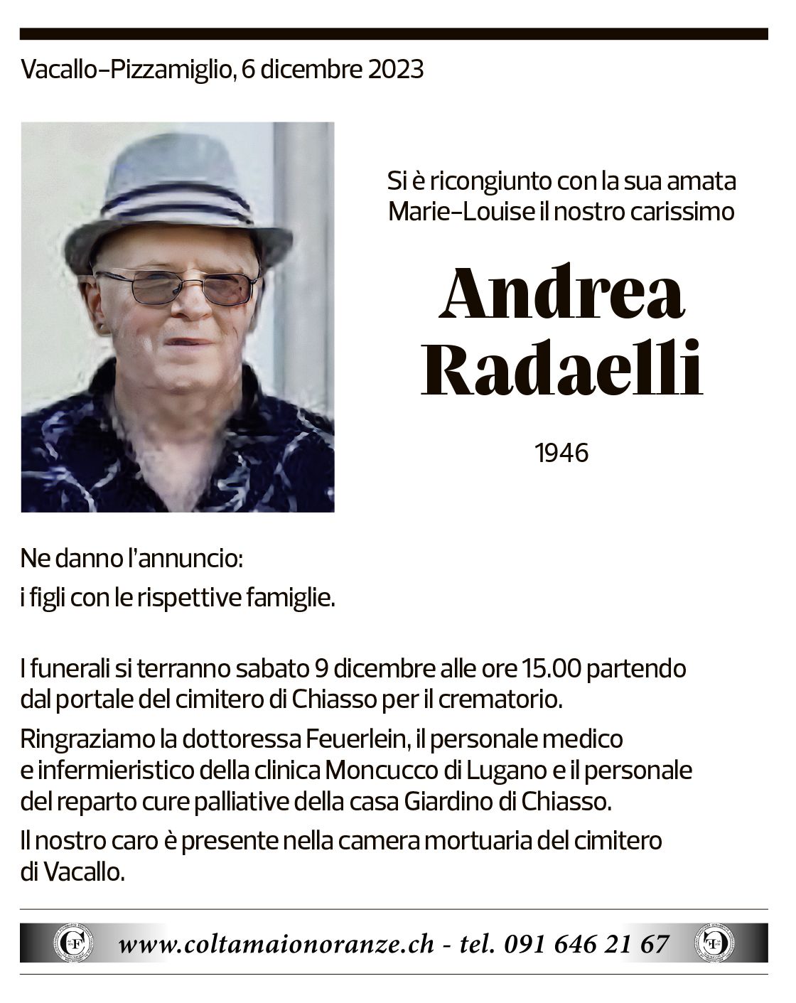 Annuncio funebre Andrea Radaelli