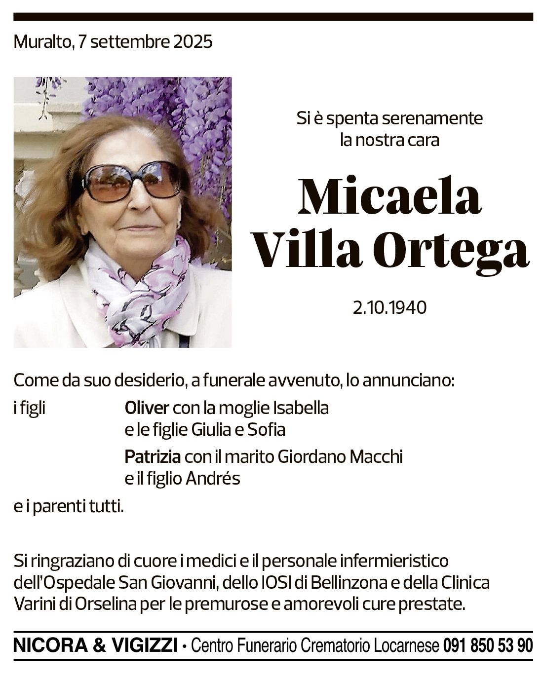 Annuncio funebre Micaela Villa Ortega