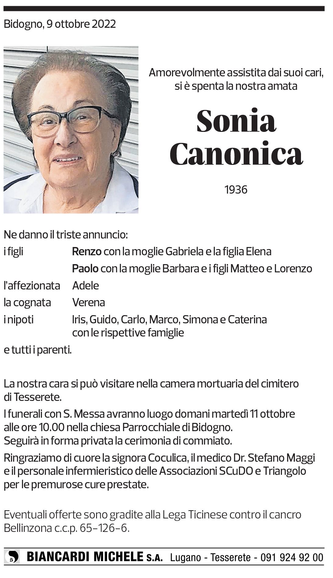 Annuncio funebre Sonia Canonica