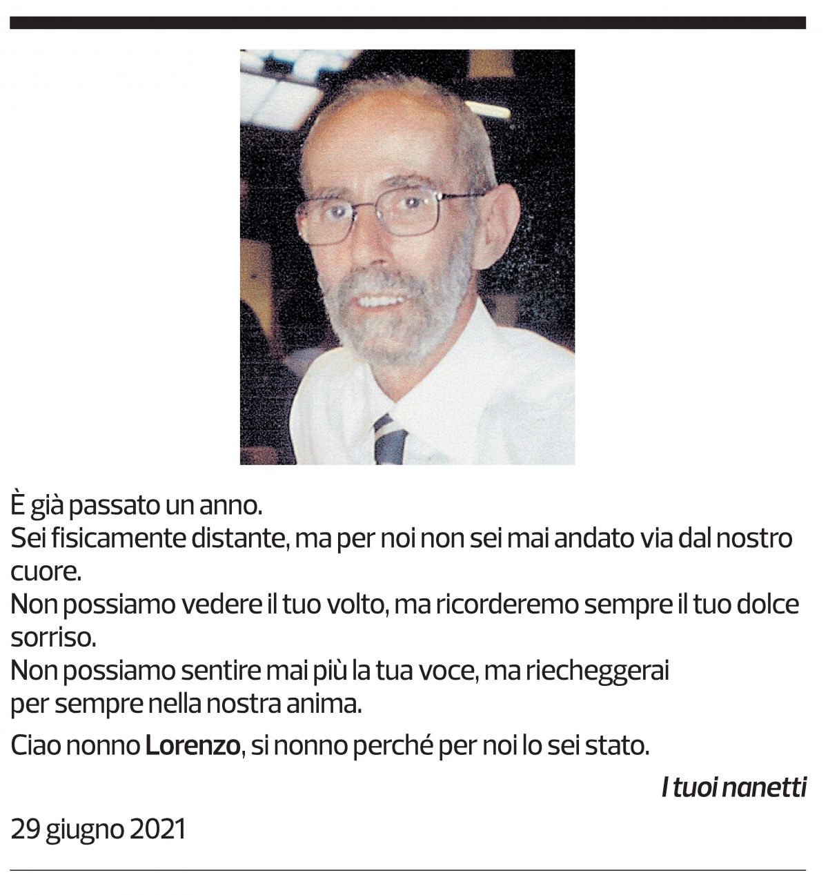 Annuncio funebre Lorenzo Scacchi