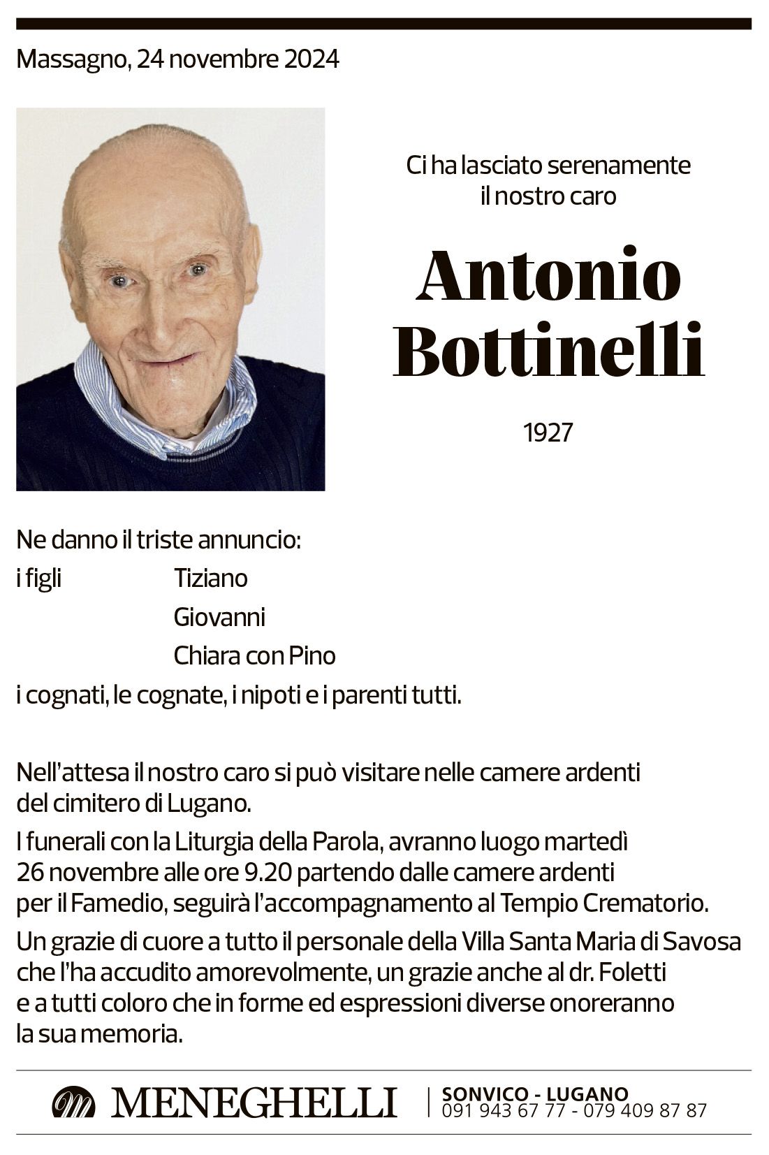 Annuncio funebre Antonio Bottinelli