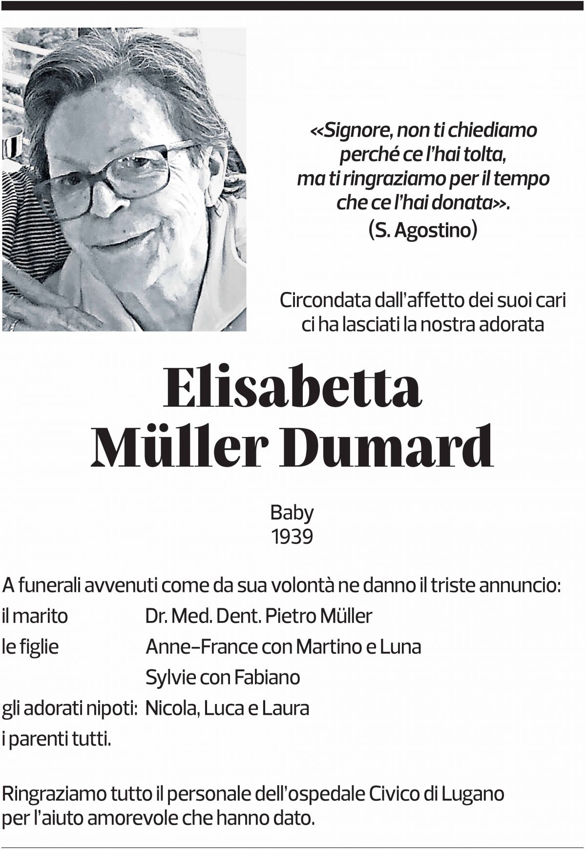 Annuncio funebre Elisabetta Müller Dumard