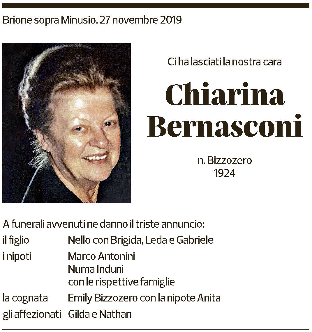 Annuncio funebre Chiarina Bernasconi