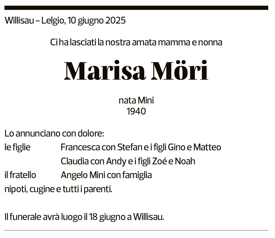 Annuncio funebre Marisa Möri