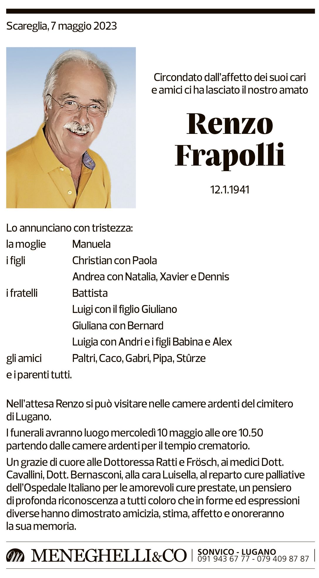 Annuncio funebre Renzo Frapolli