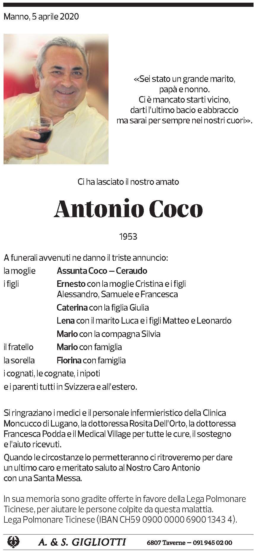 Annuncio funebre Antonio Coco