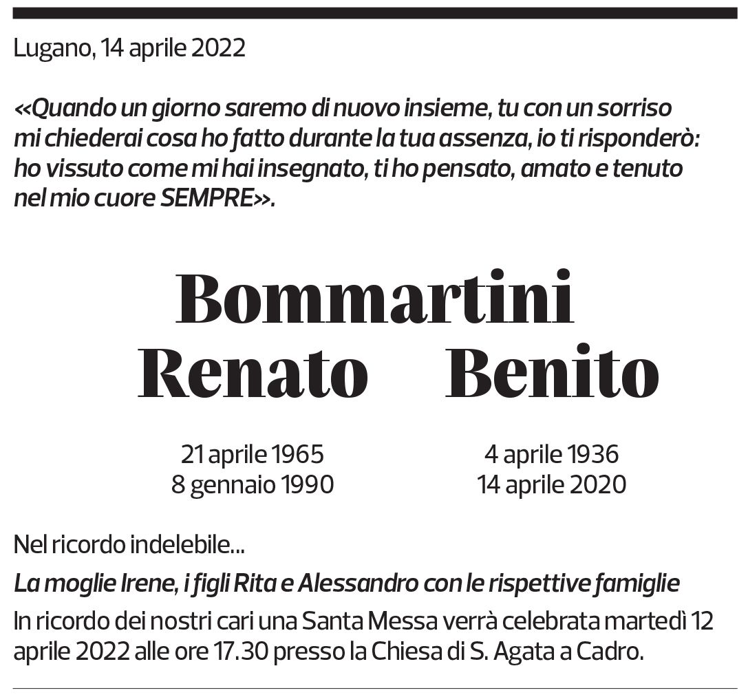 Annuncio funebre Bommartini Renato Benito