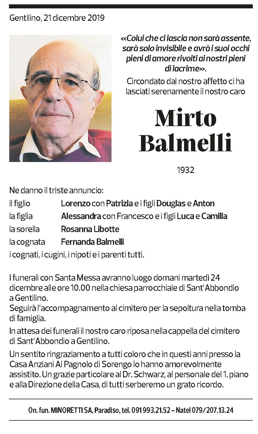 Annuncio funebre Mirto Balmelli