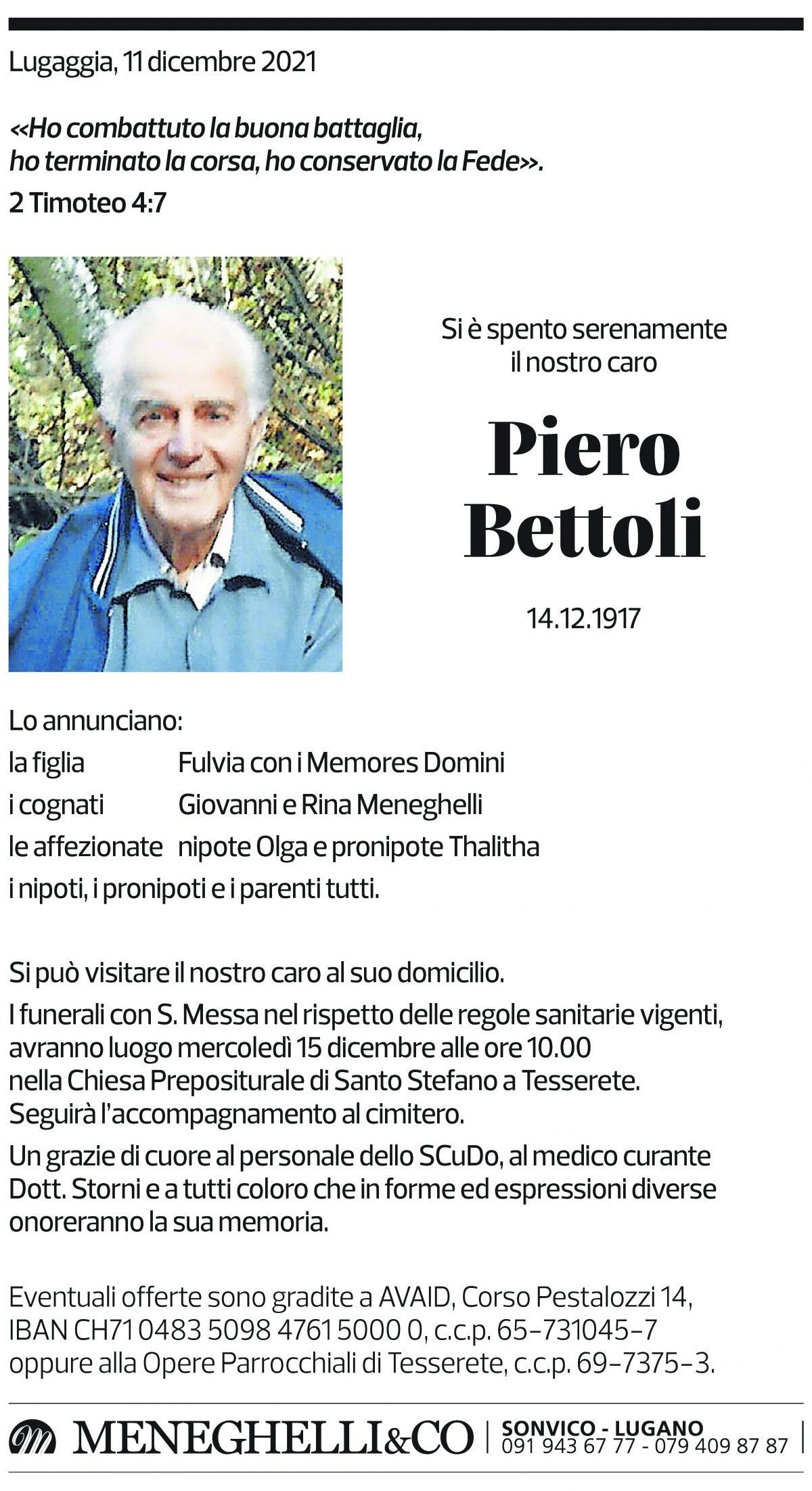 Annuncio funebre Piero Bettoli