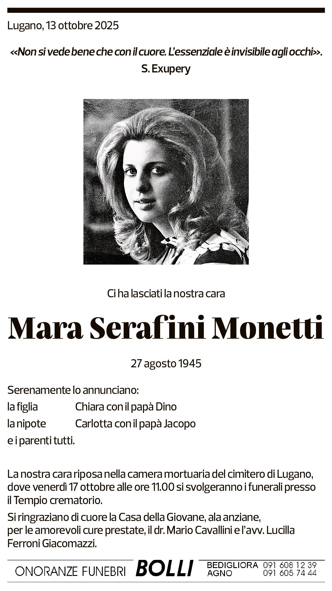 Annuncio funebre Mara Serafini Monetti