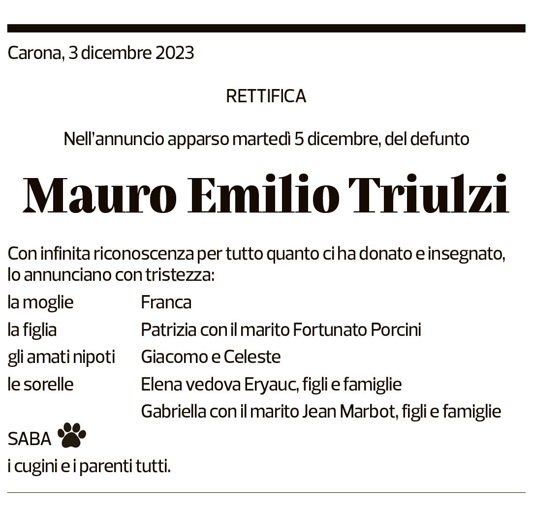 Annuncio funebre Mauro Emilio Triulzi