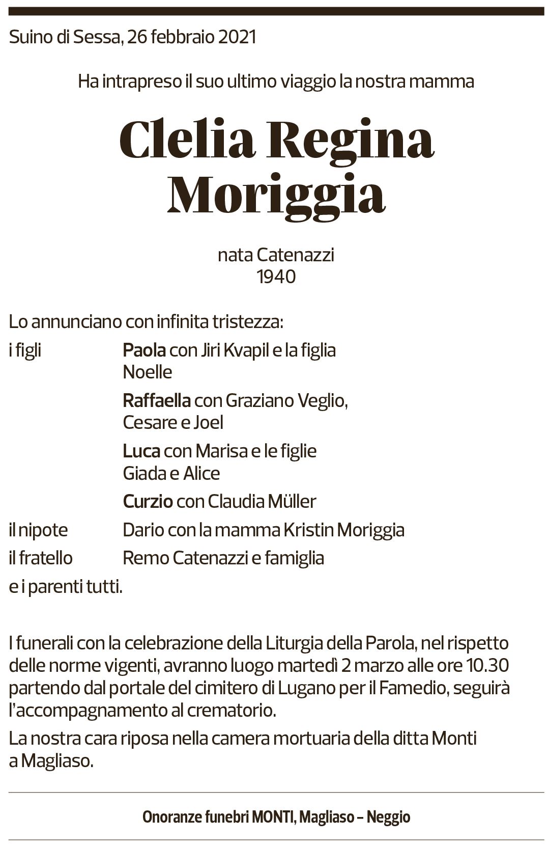 Annuncio funebre Clelia Regina Moriggia