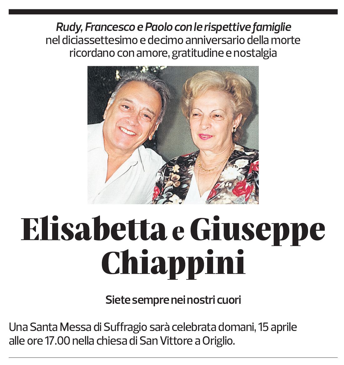 Annuncio funebre Elisabetta Chiappini Giuseppe Chiappini