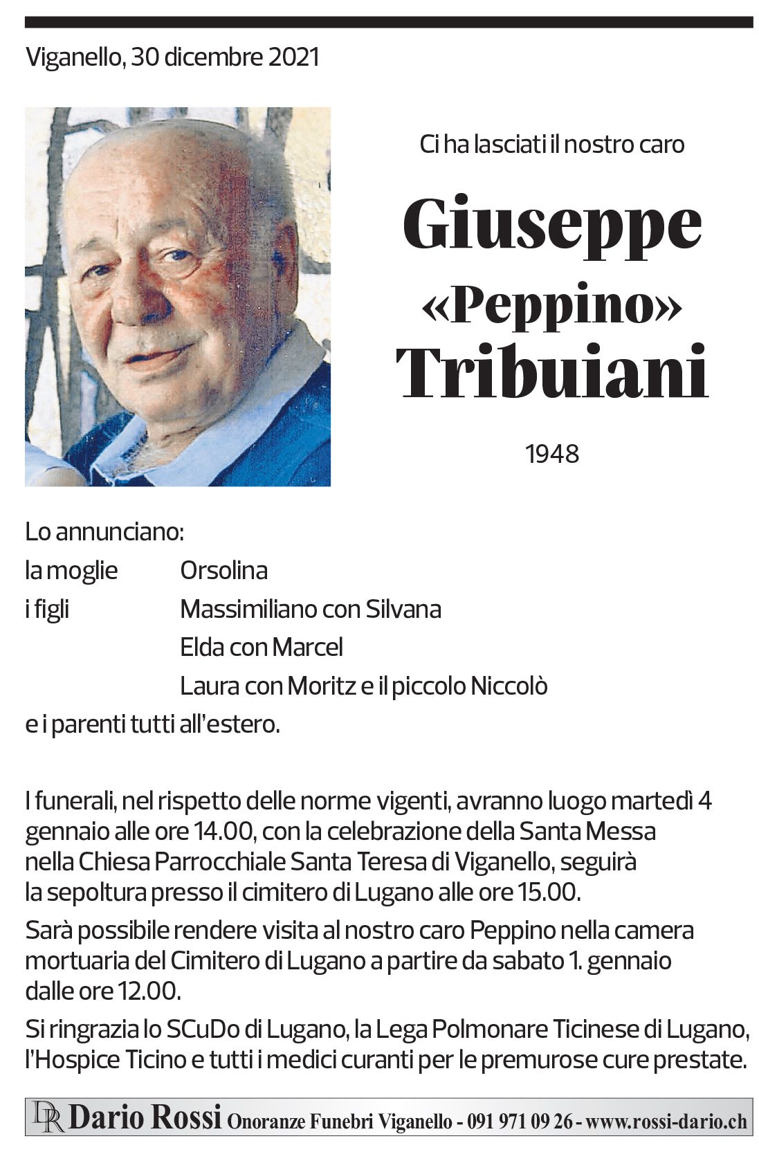 Annuncio funebre Giuseppe Tribuiani