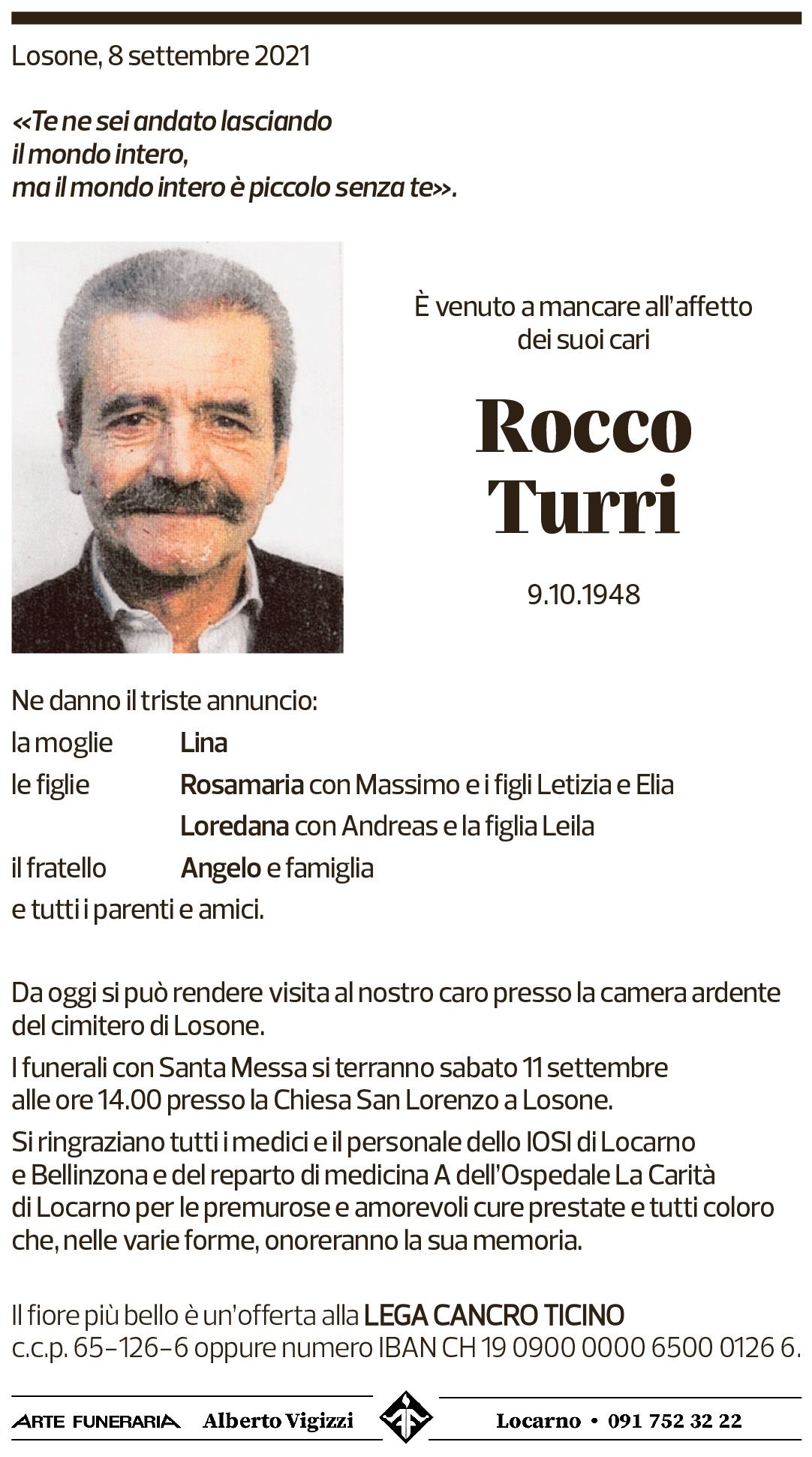 Annuncio funebre Rocco Turri