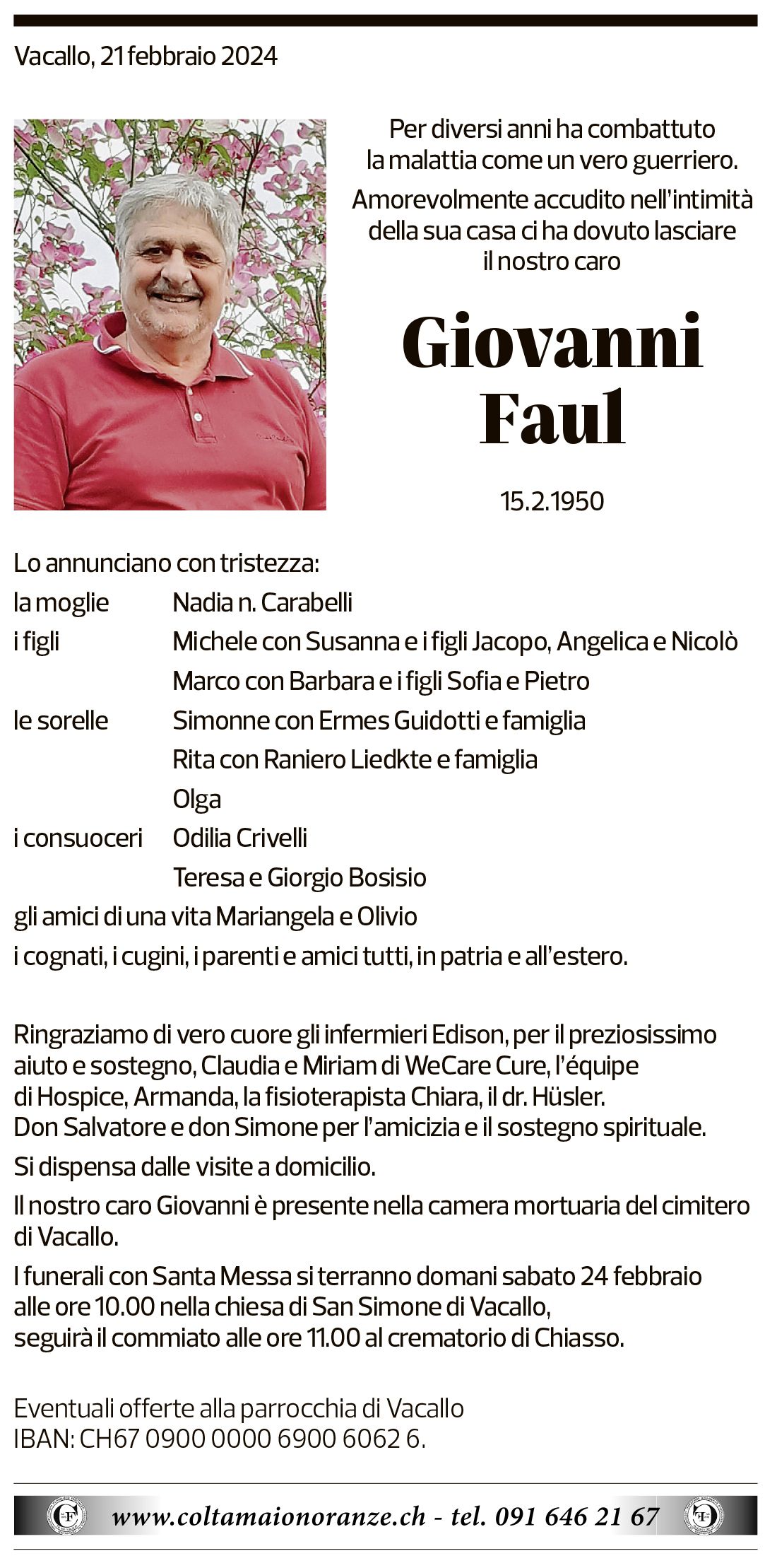 Annuncio funebre Giovanni Faul