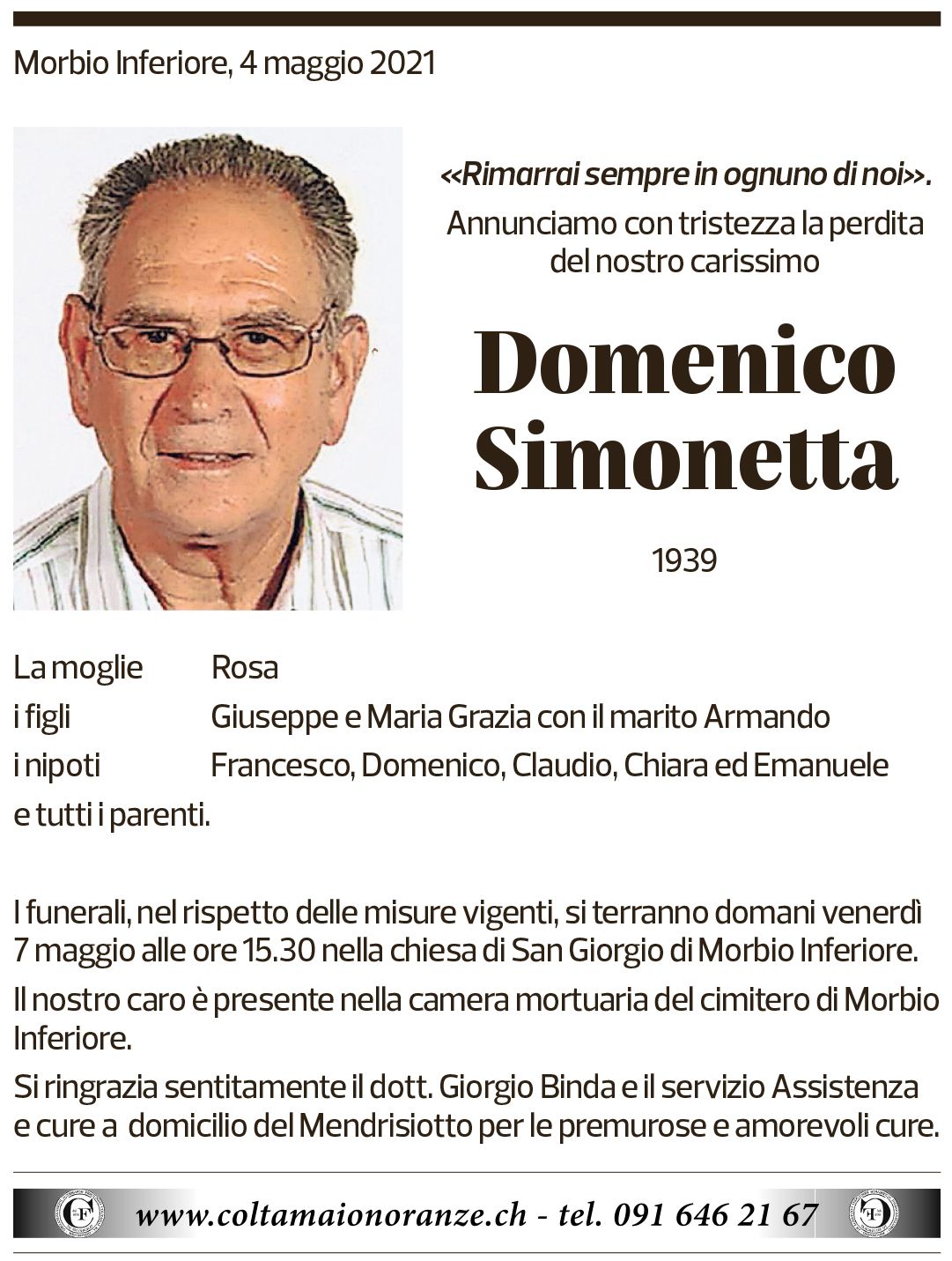 Annuncio funebre Domenico Simonetta