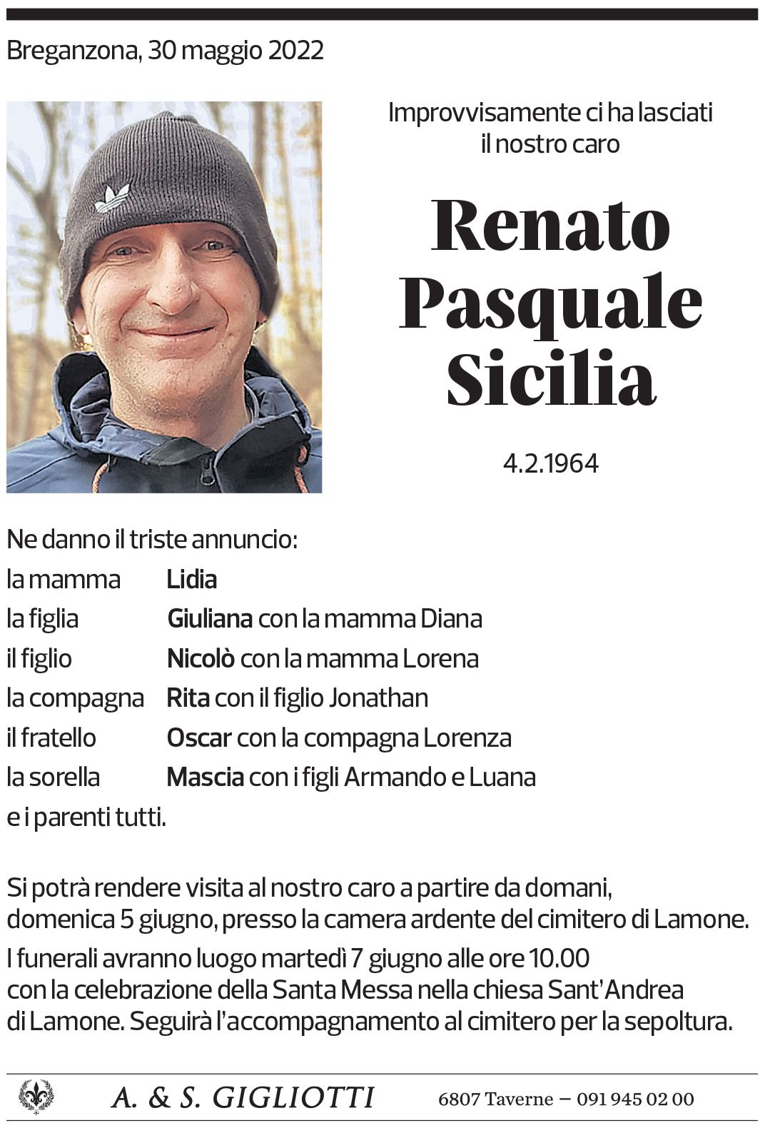 Annuncio funebre Renato Pasquale Sicilia