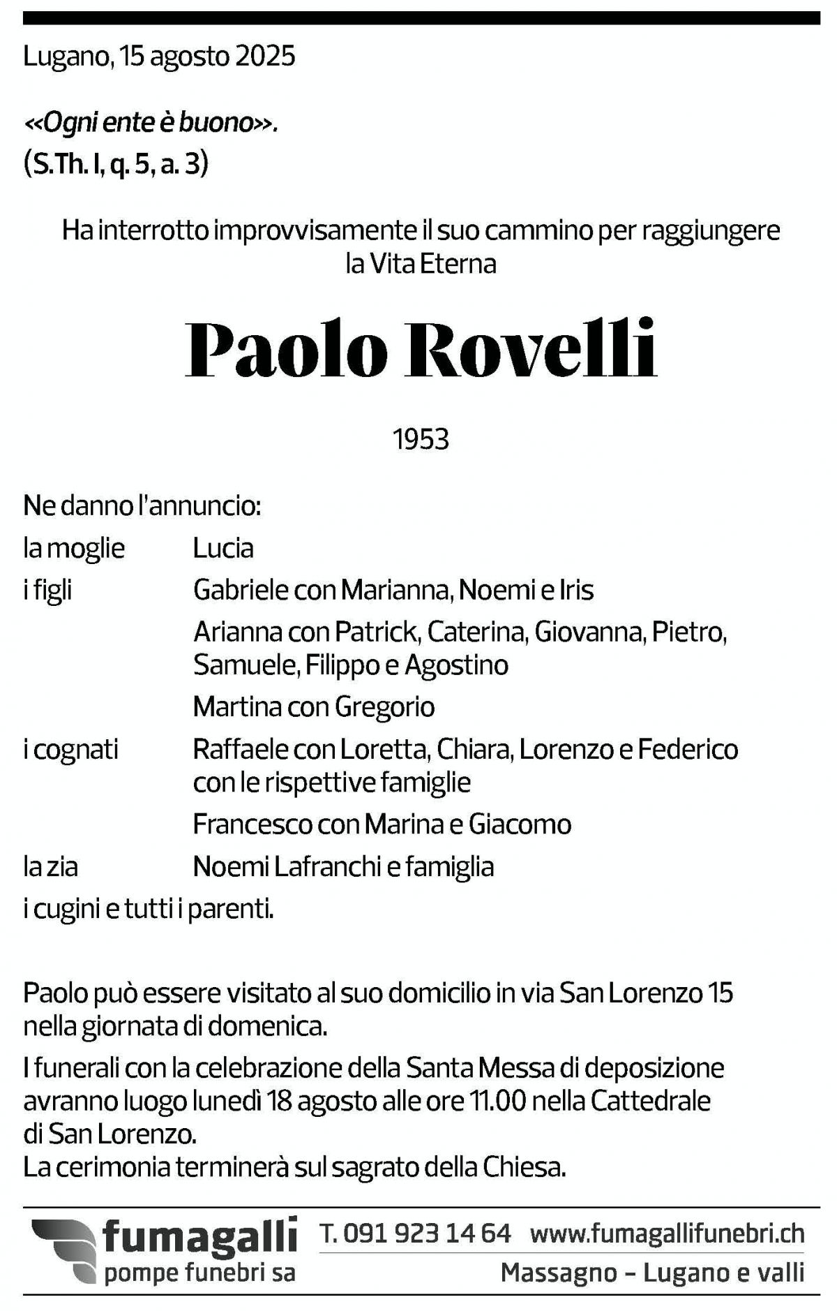 Annuncio funebre Paolo Rovelli