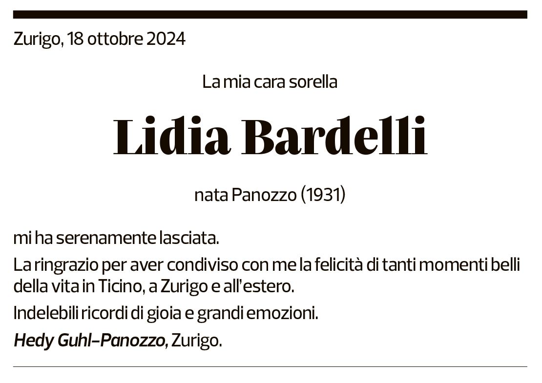 Annuncio funebre Lidia Bardelli