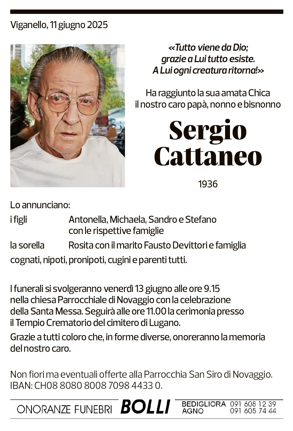 Annuncio funebre Sergio Cattaneo