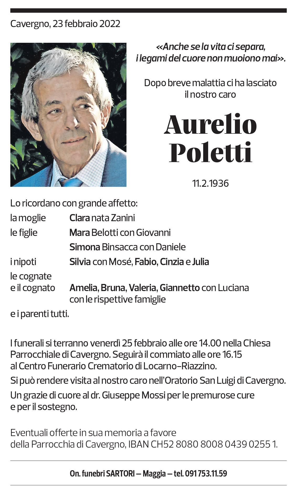 Annuncio funebre Aurelio Poletti