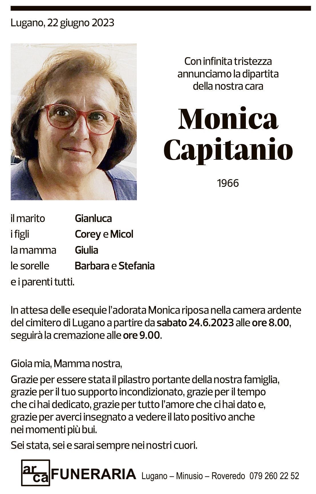 Annuncio funebre Monica Capitanio