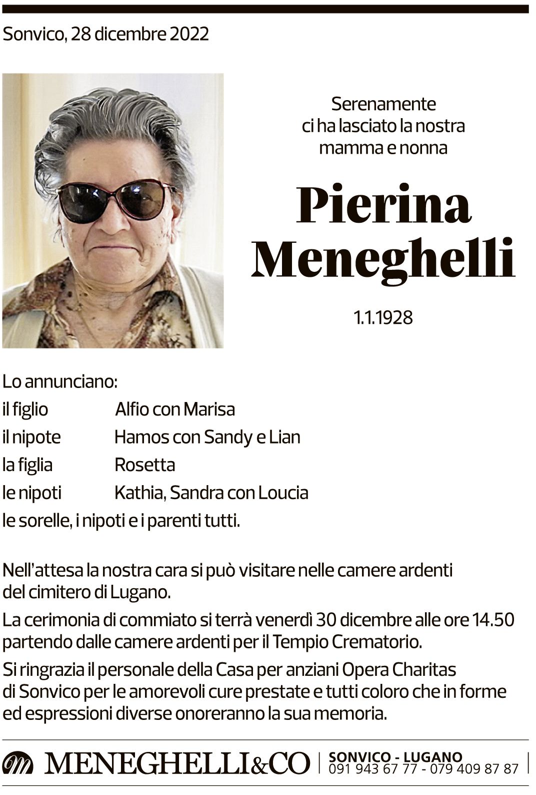 Annuncio funebre Pierina Meneghelli