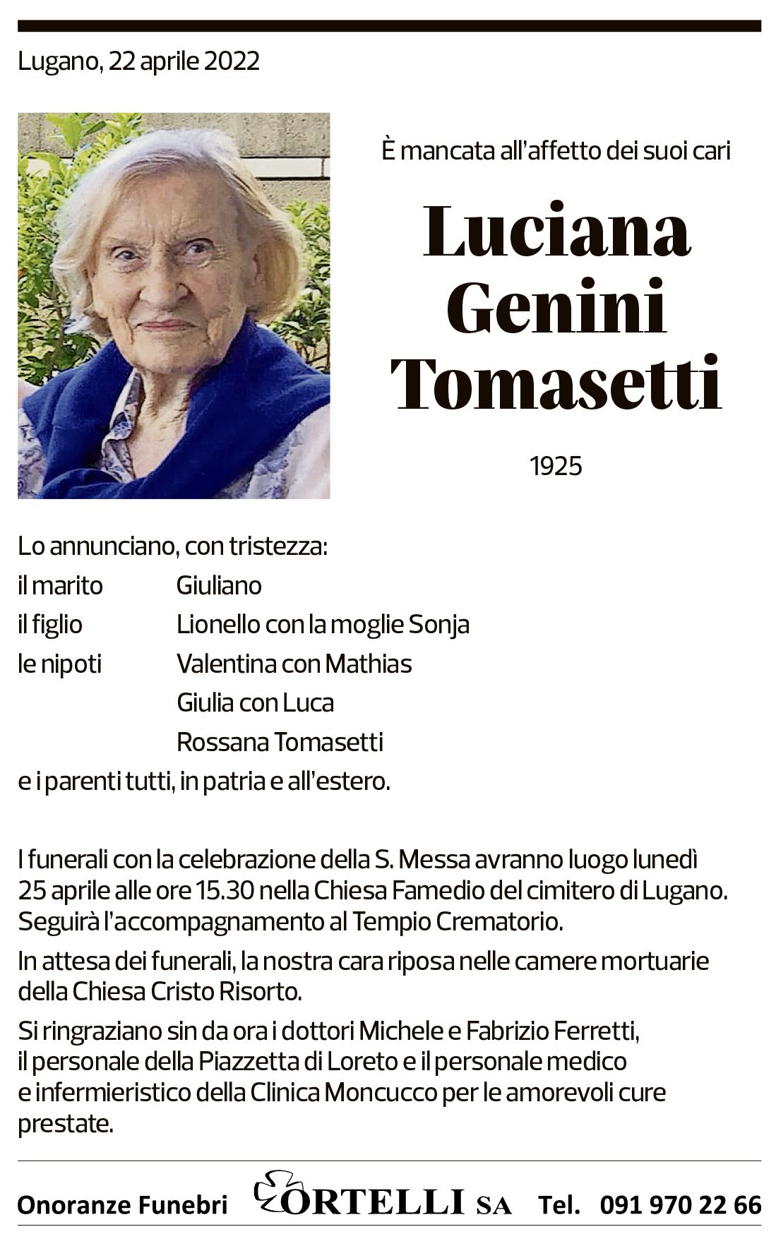 Annuncio funebre Luciana Genini Tomasetti