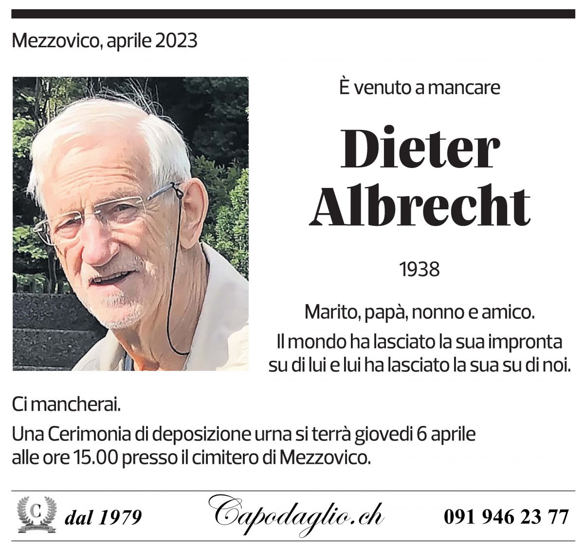 Annuncio funebre Dieter Albrecht